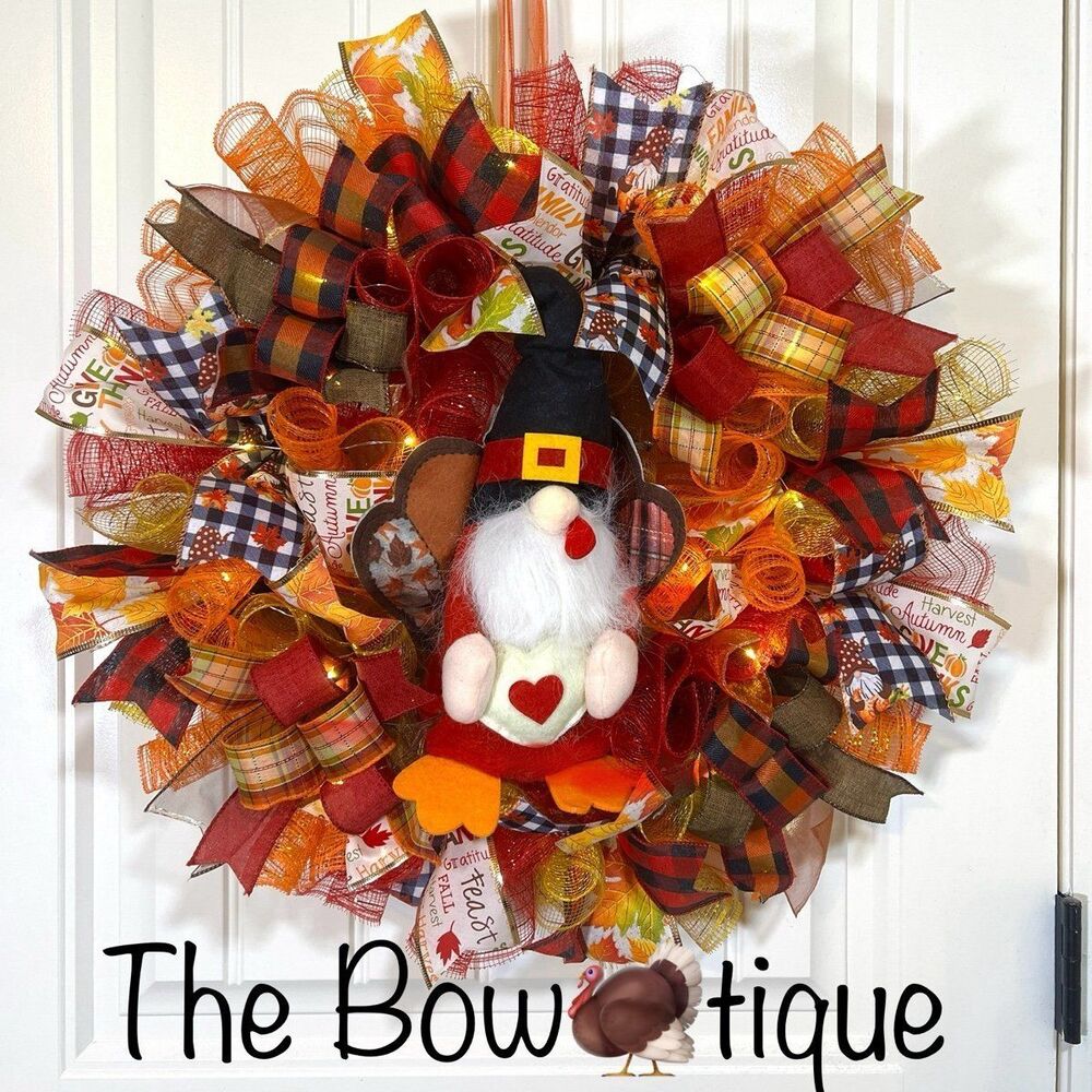 Handmade Thanksgiving Turkey Gnome Ribbon Welcome Door Wreath Leaf 22 in LED